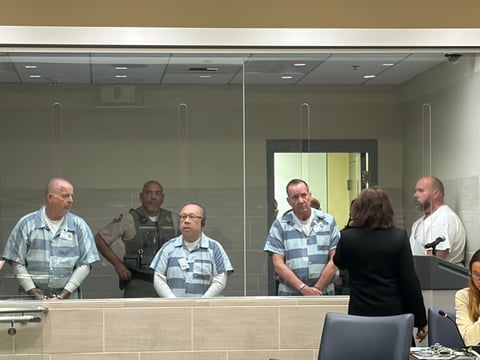 Douglas Tollefsen, Jack Lee, Craig Cutright and Samuel Machado appear for their first hearing in Yolo County Superior Court in connection to the deadly July 1, 2025 Esparto fireworks explosion Monday, April 13, 2026, in Woodland.