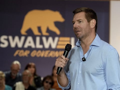 California gubernatorial candidate, Rep. Eric Swalwell, D-Calif., appears at a town hall meeting in Sacramento, Calif., Tuesday, April 7, 2026. He dropped out of the race April 12, following sexual assault allegations. He then resigned from Congress.