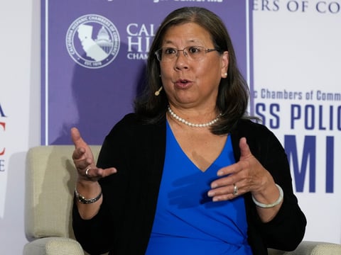 Betty Yee speaks during a gubernatorial candidate forum in Sacramento, Calif., Tuesday, April 14, 2026.