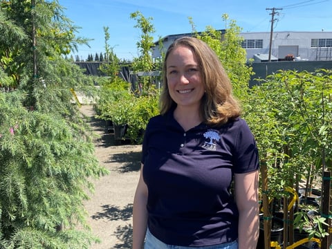 Stephanie Robinson with the Sacramento Tree Foundation stands in the tree nursery. The foundation offers a variety of shade trees to SMUD customers for free.