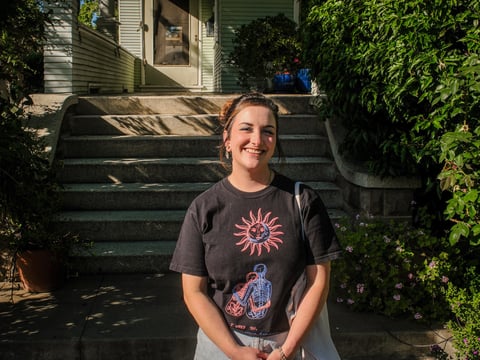 Lacy outside of a Sacramento townhouse while walking the length of 27th Street on April 30, 2026.