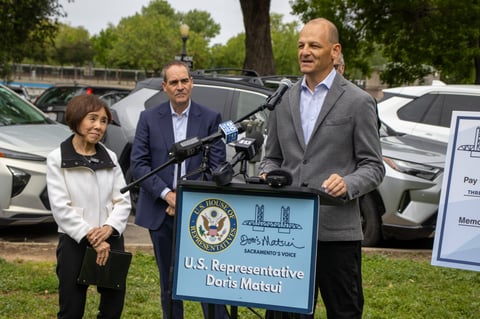 Sacramento Mayor Kevin McCarty speaks during a May 6, 2026 press conference announcing federal funding for Sacramento’s proposed Stitch Park project.