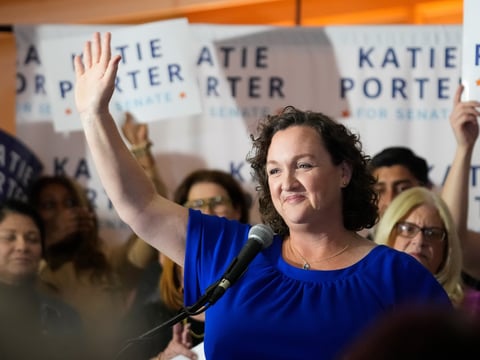 FILE - U.S. Rep. Katie Porter, D-Calif., waves at supporters at an election night party, March 5, 2024, in Long Beach, Calif.