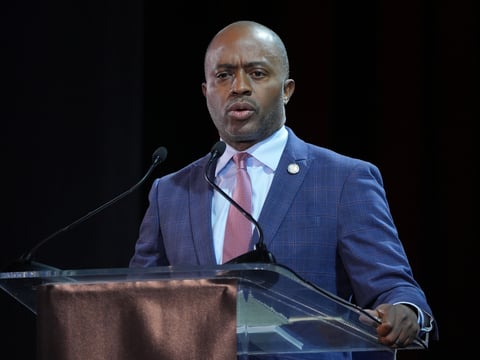 Tony Thurmond speaks during a California gubernatorial debate hosted by CBS LA at Pomona College in Claremont, Calif., Tuesday, April 28, 2026.