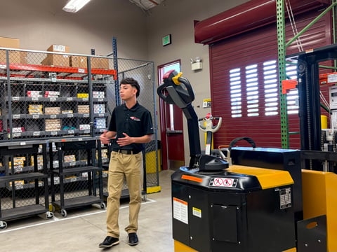 Santiago Romero works in the warehouse at Patterson High School in Patterson, Calif., on Thursday, April 30, 2026. Romero is a student in the school's supply chain and logistics program, part of its Career Technical Education offerings.