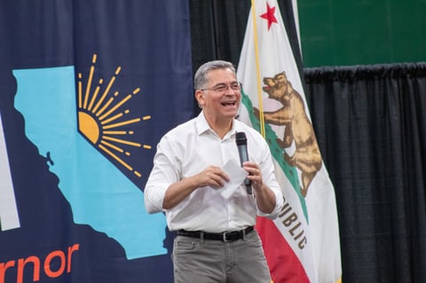 Democratic gubernatorial candidate Xavier Becerra speaks during a rally Monday, May 11, 2026, at Sacramento State University. Gerardo Zavala/CapRadio