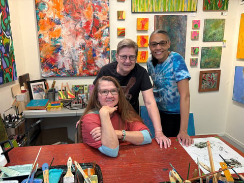 Artists Thelma Weatherford, Cathie James-Robinson and Schorré Oldham gather in Weatherford’s studio. The three women are leading and participating in the 2026 Davis Art Studio Tour May 16 and 17, 2026. Photo courtesy Davis Art Studio Tour