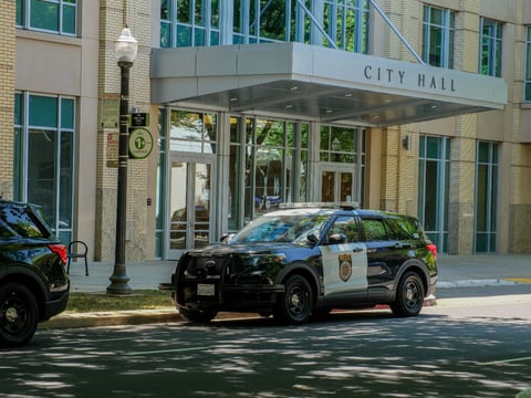 A police car sitting outside Sacramento City Hall on May 15, 2026.