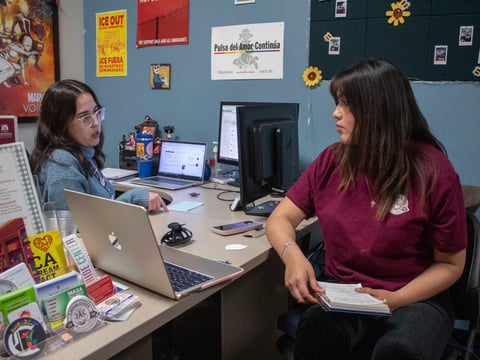 El Centro specialist Mariana Valdez Jimenez (left) speaks with student Lilian Esbejel Thursday, April 2, 2026, at American River College in Sacramento.