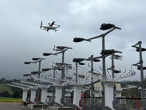 Zipline’s drone docking towers power its aircraft as they return from test flights above the Yolo Land & Cattle company near Esparto.