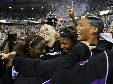 Olympia Scott-Richardson, DeMya Walker, Erin Buescher and Hamchetou Maiga of the Sacramento Monarchs celebrate after defeating the Connecticut Sun during Game 4 of the WNBA Finals September 20, 2005 at Arco Arena in Sacramento, California.