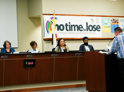 Sacramento City Unified school board listens to a public commenter during their meeting on Wednesday, May 21, 2026.