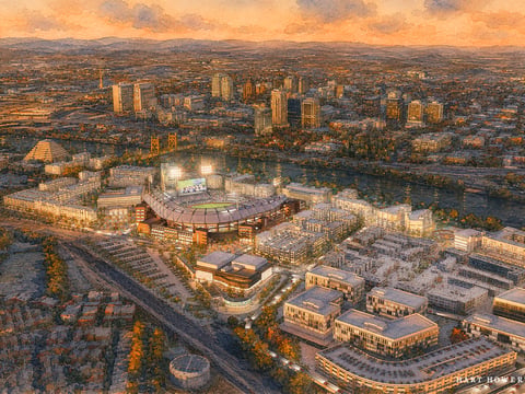 A rendering of the proposed Major League Baseball stadium and mixed-use development along the Sacramento waterfront.
