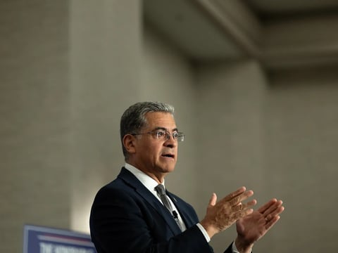 Former U.S. Secretary of Health and Human Services Xavier Becerra at a gubernatorial forum in Sacramento on April 14, 2026.