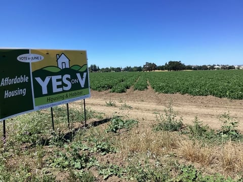 A 'Yes on V' sign sits on Pole Line Road in Davis at the edge of the property where the proposed Village Farms Davis housing development would be built. June 1, 2026.