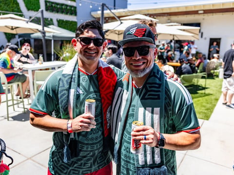 Josh Carillo (right) and his son Daniel Carillo watched the opening game of the World Cup at Garden at the Line near Sacramento State. June 11, 2026.