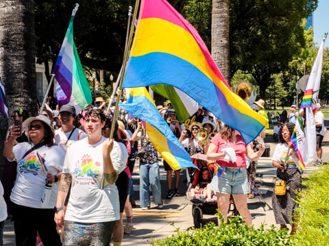 An attendee of the Sacramento Pride March waves a pansexual Pride flag with a crowd of other people attending the march on Sunday, June 14th, 2026.