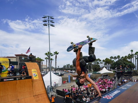 Grace Marhoefer competes in the Pacifico Women's Skateboard Vert during X Games California, Saturday, July 22, 2023, in Ventura, Calif.