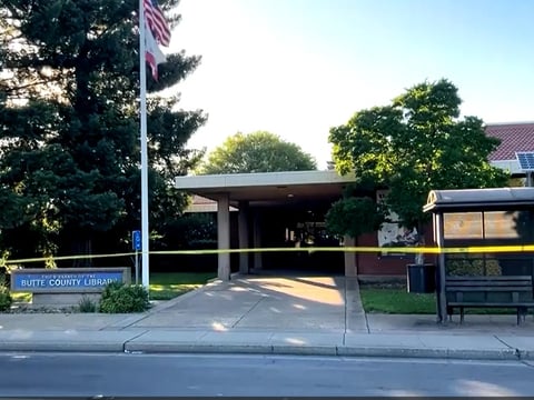 This image made from video provided by KRCR-TV shows Butte County Library, Chico branch, in Chico, Calif., Monday, June 22, 2026.