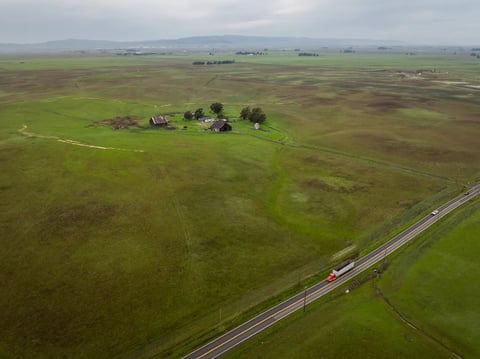 An aerial view of a farm on land where California Forever plans to build its new city in Solano County on Feb. 16, 2024. The proposed development would be located between Travis Air Force Base and Rio Vista.