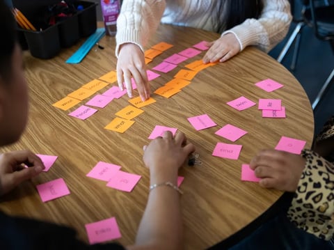 Students in a literacy class at Oakland International High School in Oakland on March 7, 2025. The school primarily serves students who are newly arrived immigrants and offers foundational literacy and English language development.