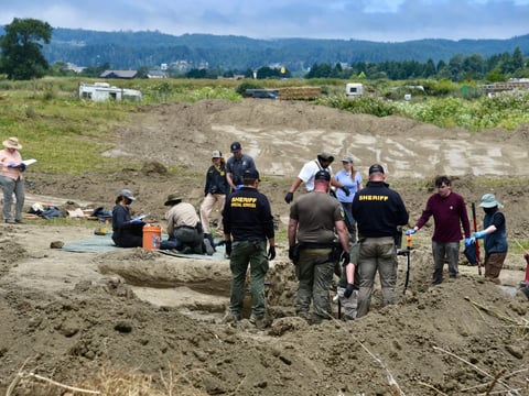 Investigators from Humboldt County Sheriff's Office search the grounds of Miranda's Rescue Animal Sanctuary in Fortuna Calif., June 24, 2026, where remains of at least 117 dogs were found.