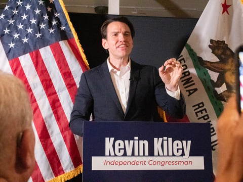 Incumbent Congressman Kevin Kiley speaks Tuesday, June 2, 2026, at Four Square Coffee House in Roseville as early primary election results show him and Democratic candidate Richard Pan in the lead for Congressional District 6.