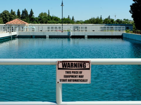 A basin that helps separate debris from river water at the Sacramento River Water Treatment Plant on June 11, 2026.