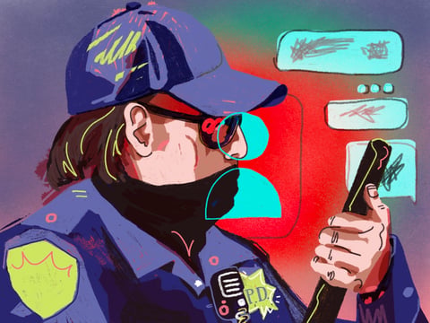An officer scrolls through messages on a phone. An investigation by The California Newsroom and UC Berkeley’s Investigative Reporting Program found that many California officers disciplined for biased conduct remained employed in law enforcement.
