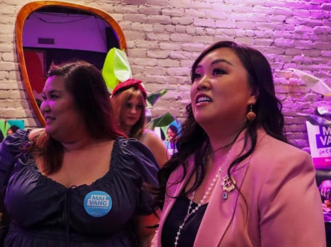 Mai Vang looks at the first election results during her joint watch party with Flojaune Cofer at Lock & Key Tapas and Bar on J Street Tuesday, June 2, 2026.
