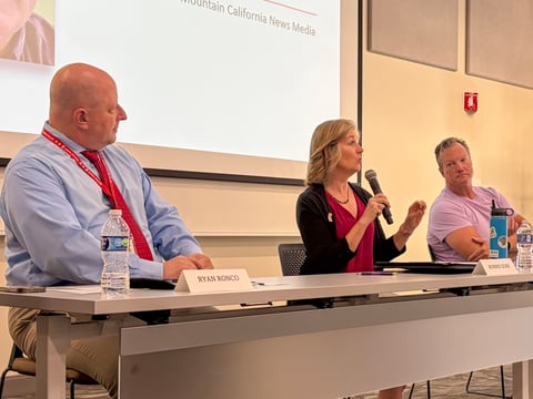 Placer County Supervisor Bonnie Gore answers an audience question at the county's July 18 candidate workshop, joined by Ryan Ronco, Kirk Uhler and Bill Poindexter.