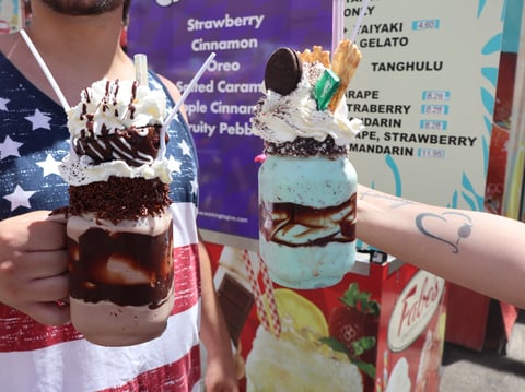 The Dark Knight (left) and Grasshopper (right) milkshake from Fabe's Churros & Gelato food vendor at the California State Fair Friday July 24, 2026.