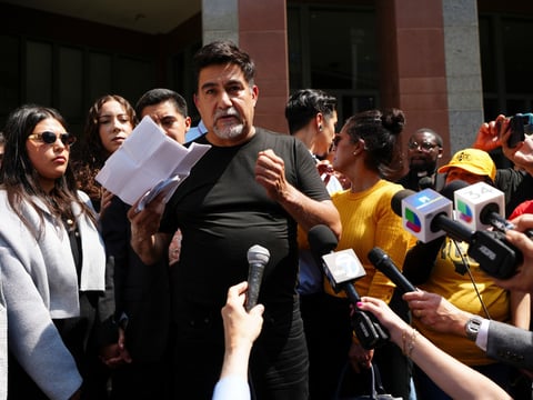 FILE - David Huerta, the president of the Service Employees International Union California who was arrested during an immigration raid, speaks after he was released on a bond in downtown Los Angeles on June 9, 2025.