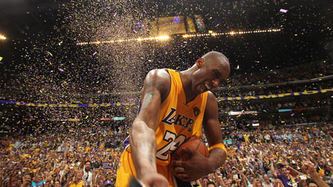 Kobe Bryant of the Los Angeles Lakers celebrates after winning over the Boston Celtics in Game Seven of the 2010 NBA Finals on June 17, 2010 at Staples Center in Los Angeles.