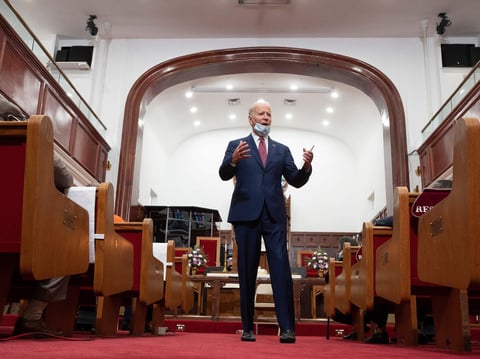 Former Vice President Joe Biden meets with clergy members and community activists at Bethel AME Church in Wilmington, Del., on Monday to discuss racial divisions. He's delivering a speech on Tuesday in Philadelphia about the current unrest.
