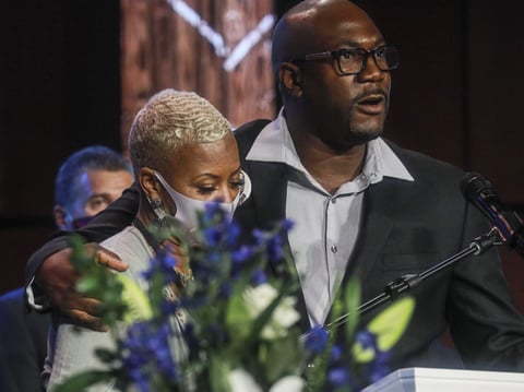 George Floyd's brother Philonise Floyd (right) and cousin Shareeduh Tate speak during a memorial service for George Floyd in Minneapolis last week. Floyd died after being restrained by Minneapolis police officers on May 25.