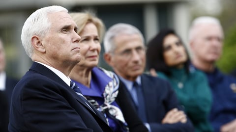 Vice President Pence and other members of the coronavirus task force, pictured in the Rose Garden of the White House on March 29, are holding a briefing on Friday.