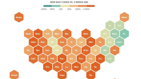 Map showing change in U.S. COVID-19 cases (as of July 2)