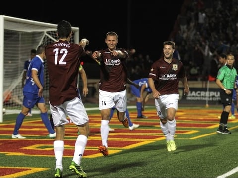 Adam Jahn celebrates after scoring what would be the winning goal in Saturday night's match against Orange County Blues FC.