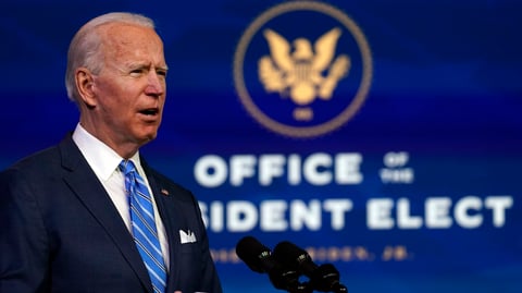 President-elect Joe Biden speaks about his COVID-19 relief plan Thursday evening in Wilmington, Del.