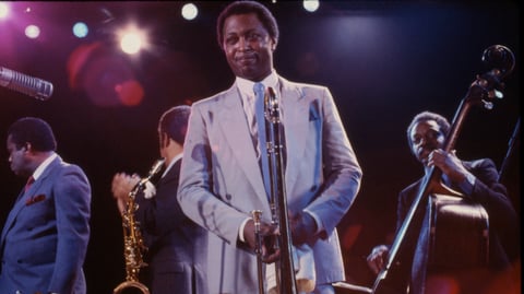 From left, trumpet player Freddie Hubbard, saxophonist Johnny Griffin, Curtis Fuller and bassist Reggie Workman, on stage at Town Hall in New York on Feb. 22, 1985.