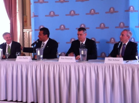 Secretary of State Candidates Derek Cressman (D), Sen. Alex Padilla (D), Pete Peterson (R) and Dan Schnur debate in Sacramento on April 23, 2014. 
