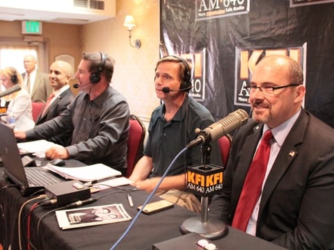 From left: Neel Kashkari, KFI Hosts John and Ken, Assemblyman Tim Donnelly at the KFI Gubernatorial debate on Thursday, May 15, 2014.