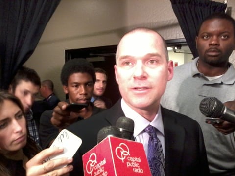 Kings Head Coach Mike Malone talks with reporters after his press conference at Sleep Train Arena in Sacramento.