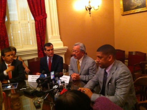 Santa Ana Mayor Miguel Pulido, Los Angeles Mayor Eric Garcetti, San Francisco Mayor Ed Lee, and Sacramento Mayor Kevin Johnson were four of the nine mayors to meet with Governor Jerry Brown today.