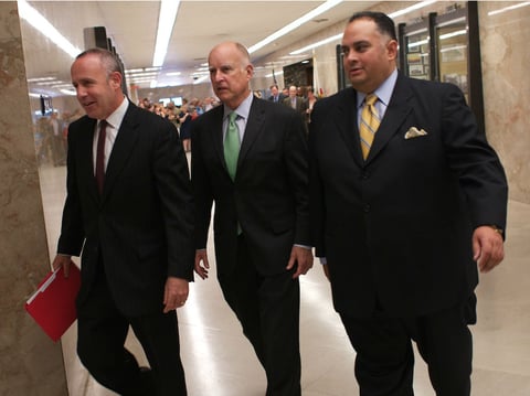 Calif. Senate President pro Tem Darrell Steinberg (D-Sacramento), Gov. Jerry Brown and Assembly Speaker John Pérez (D-Los Angeles) walk together to a Capitol news conference last week announcing a state budget deal.