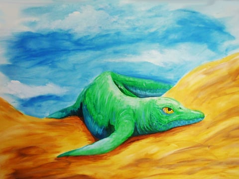 This illustration shows what a newly discovered amphibious ichthyosaur may have looked like when it was alive some 248 million years ago.
