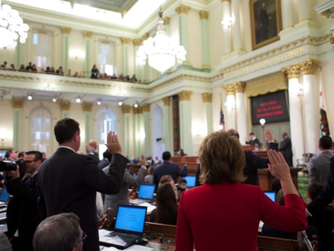 Members of the California State Assembly take the oath of office on Monday, December 01, 2014.



