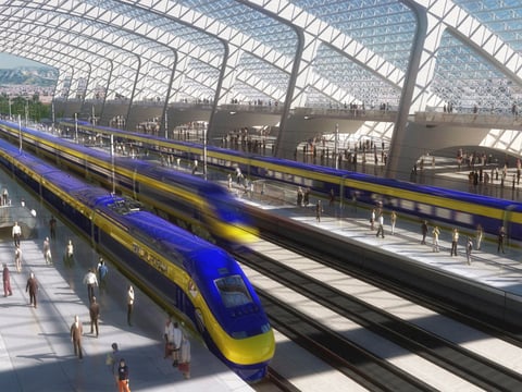 This image provided by the California High Speed Rail Authority shows an artist's rendering of a high-speed train station. 