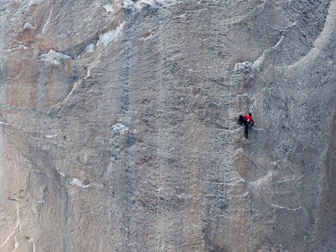 In this Jan. 12, 2015  photo Kevin Jorgeson climbs what has been called the hardest rock climb in the world: a free climb of El Capitan. 